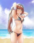  1girl arthur_ko asagumo_(kancolle) bare_arms bare_legs bare_shoulders beach bikini black_bikini blue_eyes blush brown_hair clothes_writing cloud cloudy_sky day headband highres kantai_collection long_hair navel ocean open_mouth outdoors ponytail sky solo swimsuit twitter_username white_headband 