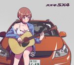  1girl acoustic_guitar andrian_januar_adilia black_choker blue_eyes blue_jacket blush breasts brown_hair camisole car choker cleavage collarbone guitar highres holding holding_instrument indonesian_commentary instrument jacket large_breasts long_sleeves motor_vehicle original parted_lips single_bare_shoulder sitting_on_car solo suzuki_sx4 upper_body white_camisole 