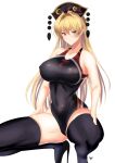  1girl absurdres black_leotard black_one-piece_swimsuit black_thighhighs blonde_hair closed_mouth clothes_writing commentary_request competition_swimsuit enmimontoria hair_intakes headdress high_heels highres junko_(touhou) leotard long_hair looking_at_viewer one-piece_swimsuit red_eyes signature simple_background solo squatting swimsuit thighhighs touhou white_background 