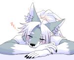  4_fingers anthro black_claws black_nose canid canine canis chest_tuft claws clothing digital_media_(artwork) eyes_closed female female_anthro fingers fur grey_body grey_fur hair hi_res highlights_(coloring) inner_ear_fluff kemono long_hair mammal okami_bark ookamiwaho purple_highlights shirt simple_background sleeping solo topwear tuft white_body white_clothing white_fur white_hair white_shirt white_topwear wolf 