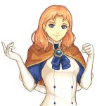  annette_fantine_dominic blue_eyes breasts brooch capelet dress fire_emblem fire_emblem:_three_houses fire_emblem_echoes:_shadows_of_valentia gloves highres jewelry looking_at_viewer medium_hair orange_capelet orange_hair parody puffy_short_sleeves puffy_sleeves short_sleeves small_breasts smile style_parody tartarbox upper_body white_dress white_gloves 