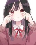  1girl amt_sn black_hair blush brown_eyes cheek_pinching collared_shirt frown hands_on_own_cheeks hands_on_own_face highres long_hair long_sleeves looking_to_the_side nail_polish neck_ribbon original pinching ribbon shirt solo straight-on sweater upper_body 