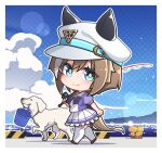  1girl animal_ears blue_eyes blue_sky bright_pupils brown_footwear bucket cheval_grand_(umamusume) chibi cloud commentary commission day dog fishing_rod from_side full_body hat holding holding_bucket holding_fishing_rod horse_ears horse_girl horse_tail horseshoe_ornament light_brown_hair looking_at_viewer medium_hair mouth_hold multicolored_hair no_nose outdoors puffy_short_sleeves puffy_sleeves purple_shirt school_uniform shirt short_sleeves skeb_commission skirt sky standing streaked_hair tail thighhighs tracen_school_uniform umamusume walking warashi white_headwear white_shirt white_skirt white_thighhighs 