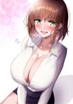  1girl blush braid breasts brown_hair charlotte_corday_(fate) fate/grand_order fate_(series) green_eyes large_breasts lee-taro looking_at_viewer medium_hair open_mouth smile solo 
