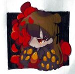  black_ribbon brown_hair collared_shirt commentary_request double_bun employee_(lobotomy_corporation) flower flower_over_eye fur-trimmed_jacket fur_trim hair_bun hair_ribbon hoshizuki_sakusa jacket lobotomy_corporation long_hair open_clothes open_jacket orange_eyes parted_lips petals project_moon red_flower red_shirt ribbon shirt sketch 