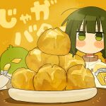  1girl baked_potato bird blush_stickers braid butter duck food fuu_(ozu_(oz_yarimasu)) green_eyes green_hair guu_(ozu_(oz_yarimasu)) highres original ozu_(oz_yarimasu) twin_braids 