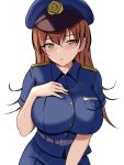  1girl breasts brown_eyes brown_hair hand_on_own_chest hat highres kantai_collection large_breasts montemasa ooi_(kancolle) pocket police police_hat police_uniform solo uniform 