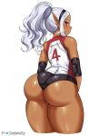  ass black_buruma blush buruma canadiananiguy cropped_legs dark-skinned_female dark_elf dark_skin elbow_pads elf elf-san_wa_yaserarenai. from_behind hairband highres huge_ass kuroeda-san long_hair long_pointy_ears looking_back mole mole_under_eye pointy_ears ponytail red_eyes simple_background thick_thighs thighs twitter_username white_background white_hair 