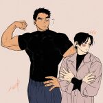  2boys ? artist_name bara biceps black_hair black_pants black_shirt blush collared_shirt flexing grey_shirt kashikahaya large_pectorals looking_at_another male_focus multiple_boys muscular muscular_male original pants pectorals scar scar_on_cheek scar_on_face shirt short_hair simple_background yaoi 