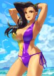  1girl arms_up asymmetrical_hair beach bird black_hair boat breasts brown_eyes commentary_request cornrows covered_navel dark-skinned_female dark_skin earrings highres hoop_earrings jewelry large_breasts laura_matsuda looking_at_viewer one-piece_swimsuit seagull solo street_fighter street_fighter_v swimsuit watercraft yagi2013 