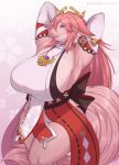  2022 accessory alternate_species anthro armpit_fetish armwear asian_clothing belly big_breasts biped bodily_fluids breasts canid canine cheek_tuft clothing curvy_figure detached_sleeves ear_piercing east_asian_clothing eyelashes facial_tuft female floral_background fluffy fluffy_tail fox fur furrification genshin_impact gradient_background hair hair_accessory half-closed_eyes hands_behind_head harnny hi_res huge_breasts japanese_clothing jewelry long_hair looking_at_viewer mammal mihoyo miko_outfit narrowed_eyes necklace obi open_mouth pelvic_curtain piercing pink_body pink_fur pink_hair pink_nose portrait presenting_armpit purple_eyes raised_arms side_boob signature simple_background slightly_chubby solo standing sweat tail thick_thighs three-quarter_portrait three-quarter_view tuft voluptuous wide_hips yae_miko 