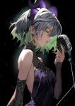  1girl alternate_ears bare_shoulders black_dress bsapricot_(vtuber) colored_inner_hair demon_horns detached_sleeves dress earrings green_eyes green_hair grey_hair highres holding holding_microphone horns jewelry lipstick makeup microphone mochimochi_589 multicolored_hair multiple_horns nail_polish parted_lips profile purple_horns purple_nails rain short_hair sleeveless sleeveless_dress solo teeth virtual_youtuber vshojo 