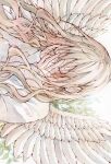  1girl blush closed_eyes commentary_request dated ear_piercing face_in_hands feathered_wings floral_background highres leaf long_hair original piercing portrait signature solo sweater tears toaruocha white_sweater wings 