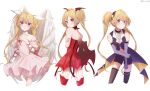  3girls angel_wings black_choker black_headwear black_shorts blonde_hair choker dark_jewel demon_wings diamond_hair_ornament dress feathered_wings fishnet_thighhighs fishnets gloves head_wings highres hoshina_utau long_hair long_sleeves looking_at_viewer looking_back lunatic_charm mu_ooa multiple_girls multiple_persona pink_dress pink_ribbon purple_eyes purple_gloves purple_shirt red_dress ribbon seraphic_charm shirt shorts shugo_chara! thighhighs twintails twitter_username white_background wings 