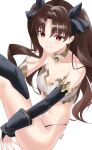  1girl absurdres armlet bikini black_thighhighs blush bracelet breasts brown_hair cleavage detached_sleeves earrings fate/grand_order fate_(series) gold_trim grin hair_ribbon highres hoop_earrings ishtar_(fate) jewelry kurozawa_yui long_hair looking_at_viewer medium_breasts mismatched_bikini neck_ring parted_bangs red_eyes ribbon single_detached_sleeve single_thighhigh smile solo swimsuit thighhighs thighs two_side_up 