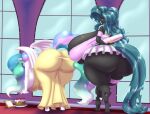  absurd_res anthro anthrofied arthropod bent_over big_breasts big_butt blues64 bottomwear breasts butt cake changeling clothed clothing dessert duo equid equine female food friendship_is_magic hasbro hi_res horn huge_breasts huge_butt hyper hyper_breasts mammal marauder6272 my_little_pony no_underwear princess_celestia_(mlp) queen_chrysalis_(mlp) skirt thick_thighs winged_unicorn wings 