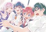  2boys 2girls amemiya_akira bangs black_hair blue_eyes blush bow closed_eyes glasses green_hair gridman_universe hibiki_yuuta jacket light_purple_hair long_hair long_sleeves multiple_boys multiple_girls necktie official_art red_hair school_uniform shinjou_akane shirt short_hair smile ssss.gridman takarada_rikka utsumi_shou v white_shirt 