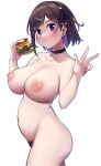  1girl absurdres black_ribbon breasts brown_hair burger choker closed_mouth collarbone colored_inner_hair cowboy_shot female_pubic_hair food from_side hair_ribbon hands_up highres karaage_bou large_breasts looking_at_viewer multicolored_hair navel nipples nude original paid_reward_available plump pubic_hair purple_eyes purple_hair ribbon short_hair simple_background single_sidelock smile solo swept_bangs translation_request w white_background 