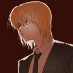  1other androgynous black_necktie black_suit blonde_hair blood blood_from_eyes brown_background formal hair_between_eyes hunter_x_hunter kurapika looking_to_the_side mesa10sim_08 necktie red_eyes shirt short_hair simple_background solo suit upper_body white_shirt 