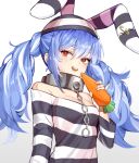  1girl animal_hat bare_shoulders blue_hair breasts carrot collar commentary facing_viewer hat highres holding holding_carrot hololive long_hair looking_ahead metal_collar multicolored_hair nogong open_mouth prison_clothes rabbit_hat red_eyes simple_background small_breasts smile solo teeth twintails upper_body upper_teeth_only usada_pekora virtual_youtuber white_background 