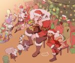  2boys 3girls 5others amumu arm_tattoo bad_santa_veigar beard black_pants blonde_hair blue_hair braid braum_(league_of_legends) brown_footwear brown_hair chameleon_girl chameleon_tail chest_tattoo christmas_tree closed_eyes colored_skin dino_gnar draven facial_hair facial_tattoo flower gift gloves gnar_(league_of_legends) grey_hair hair_flower hair_ornament hammer hat heart holding holding_phone hug indoors jinx_(league_of_legends) kennen league_of_legends long_hair lux_(league_of_legends) multiple_boys multiple_girls multiple_others muscular muscular_male mustache neeko_(league_of_legends) official_alternate_costume on_chair pants pectoral_cleavage pectorals phone poppy_(league_of_legends) poro_(league_of_legends) red_gloves santa_braum santa_draven santa_hat short_hair shuriken sitting smile standing sweatdrop tail tattoo tristana twin_braids veigar weapon yordle zaket07 