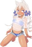 1girl animal_ear_fluff animal_ears bikini bikini_under_clothes blue_bikini blue_flower blush bottle breasts closed_mouth commentary_request dark-skinned_female dark_skin flower grey_hair grey_shorts hair_flower hair_ornament highres holding holding_bottle long_hair looking_at_viewer low_twintails medium_breasts navel open_clothes open_shorts original owasaki purple_eyes see-through shirt short_shorts short_sleeves shorts simple_background solo swimsuit tongue tongue_out twintails twitter_username v-shaped_eyebrows very_long_hair wet wet_clothes wet_shirt white_background white_shirt 