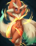  anthro eeveelution female flareon fur generation_1_pokemon generation_4_pokemon hands_behind_head hi_res hybrid lopunny nintendo nude pink_eyes pokemon pokemon_(species) raised_leg red_body red_fur rilex_lenov solo tongue tongue_out 