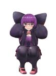  1girl black_gloves black_pantyhose blunt_bangs bob_cut bow breasts buttons byte_(grunty-hag1) cleavage dress elbow_gloves glasses gloves head_rest large_bow mary_janes pantyhose pleated_dress pleated_skirt pokemon pokemon_(game) pokemon_bw purple_dress purple_eyes purple_hair purple_skirt rimless_eyewear round_eyewear shauntal_(pokemon) shoes short_dress skirt solo squatting 