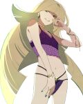  1girl alternate_costume arched_bangs blonde_hair bracelet commentary_request cowboy_shot earrings eyelashes green_eyes green_nails hand_up highres jewelry long_hair looking_down lusamine_(pokemon) nail_polish navel necklace osg_pk panties pokemon pokemon_(game) pokemon_sm ring smile solo teeth underwear white_background 