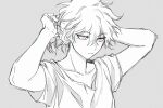  1boy adjusting_hair arms_up boleum_(dgrpluna) closed_mouth collarbone danganronpa_(series) danganronpa_2:_goodbye_despair grey_background hair_between_eyes komaeda_nagito male_focus medium_hair no_jacket short_sleeves simple_background solo tying_hair upper_body 