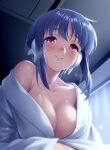  1girl blue_hair blush breasts cleavage closed_mouth collarbone commentary_request commission eyelashes girl_on_top hair_between_eyes ilfa_(to_heart) indoors large_breasts lips looking_at_viewer night nightgown no_bra off_shoulder pov purple_eyes robot_ears seductive_smile short_hair_with_long_locks single_bare_shoulder skeb_commission smile solo to_heart_(series) to_heart_2 visible_air zen_(kamuro) 