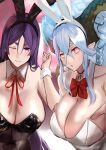  2girls animal_ears aqua_hair black_leotard braid breast_hold breasts cleavage closed_mouth curled_horns detached_collar fake_animal_ears fate/grand_order fate_(series) hair_between_eyes highres horns jikihatiman large_breasts larva_tiamat_(fate) leotard long_hair looking_at_viewer minamoto_no_raikou_(fate) multiple_girls one_eye_closed open_mouth parted_bangs pink_eyes playboy_bunny pointy_ears purple_eyes purple_hair rabbit_ears sidelocks symbol-shaped_pupils tiamat_(fate) very_long_hair white_leotard wrist_cuffs 