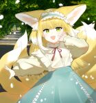  1girl absurdres animal_ear_fluff animal_ears arknights blonde_hair blue_hairband blue_skirt blush brown_jacket commentary_request day fox_ears fox_girl fox_tail frilled_hairband frills green_eyes hairband high-waist_skirt highres jacket korean_commentary long_hair long_sleeves looking_at_viewer multicolored_hair neck_ribbon outdoors petals puffy_long_sleeves puffy_sleeves red_ribbon ribbon skirt sleeves_past_wrists soda_(sod4) solo suzuran_(arknights) suzuran_(spring_praise)_(arknights) tail two-tone_hair very_long_hair white_hair 