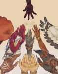  4girls 5boys black_skin bracelet bridal_gauntlets claws colored_skin corruption dark-skinned_female dark_skin disembodied_limb feathered_wings feathers fingernails gerudo goron hand_focus highres jewelry king_rauru link littleaubade long_fingernails mineru_(zelda) multiple_boys multiple_girls multiple_rings orange_skin outstretched_hand princess_zelda red_skin riju ring rito secret_stone sharp_fingernails sidon sonia_(zelda) tattoo the_legend_of_zelda the_legend_of_zelda:_tears_of_the_kingdom tulin_(zelda) wings yunobo zonai zora 