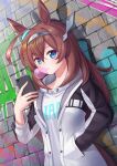  1girl absurdres against_wall ahoge animal_ears blue_eyes blush breasts brick_wall brown_hair bubble_blowing cellphone chewing_gum closed_mouth graffiti hairband hand_in_pocket hand_up highres holding holding_phone hood hood_down hoodie horse_ears jacket long_hair long_sleeves mihono_bourbon_(umamusume) open_clothes open_jacket phone shinori_(efvbji6264) small_breasts smartphone solo standing umamusume upper_body white_hoodie 