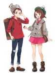  1boy 1girl :d backpack bag beanie bob_cut boots brown_bag brown_eyes brown_footwear brown_hair buttons cable_knit cardigan collared_dress commentary denim dress full_body gloria_(pokemon) green_headwear green_socks grey_cardigan grey_headwear hand_up hat highres holding holding_poke_ball hooded_cardigan jeans open_mouth pants pink_dress plaid plaid_socks poke_ball poke_ball_(basic) pokemon pokemon_(game) pokemon_swsh red_shirt shirt shoes short_hair simple_background sleeves_rolled_up smile socks standing symbol-only_commentary tako2_eaka tam_o&#039;_shanter torn_clothes torn_jeans torn_pants victor_(pokemon) white_background 