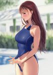  1girl artist_name blush breasts brown_eyes brown_hair clothing_aside competition_swimsuit cowboy_shot hair_between_eyes highres leotard leotard_aside long_hair looking_at_viewer one-piece_swimsuit original outdoors pool poolside royal_s solo swimsuit thighs 