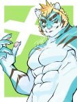  anthro aoi_tachi0 blonde_hair blue_body blue_fur eyebrows felid fur hair hi_res lifewonders live_a_hero looking_at_viewer male mammal muscular muscular_anthro muscular_male one_eye_closed pantherine pawpads pecs rexer shirtless solo striped_body striped_fur stripes thick_eyebrows tiger wink 