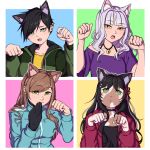  4girls :3 animal_ears aqua_jacket black_hair breasts brown_hair cat_ears cat_girl commentary frown gloves green_eyes green_jacket grey_hair hair_ornament hairclip highres hood hooded_jacket hoodie jacket long_hair medium_breasts mefomefo multicolored_hair multiple_girls off-shoulder_shirt off_shoulder open_mouth orange_eyes original paw_pose pink_hair red_hoodie shirt short_hair single_glove smile swept_bangs two-tone_hair vitiligo 