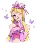  1girl agura_dou blonde_hair brooch bug butterfly butterfly_earrings crop_top cure_butterfly earrings frills gloves highres hijiri_ageha hirogaru_sky!_precure jewelry long_hair magical_girl midriff one_eye_closed open_mouth pink_gloves pink_headwear precure purple_eyes simple_background smile solo upper_body v_over_mouth very_long_hair white_background wing_brooch 