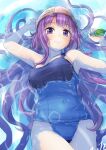  1girl blue_one-piece_swimsuit breasts commentary_request grimoire_~shiritsu_grimoire_mahou_gakuen~ highres large_breasts long_hair looking_at_viewer one-piece_swimsuit partially_submerged purple_eyes purple_hair school_swimsuit solo swim_cap swimsuit tateno_nozomi teina water 