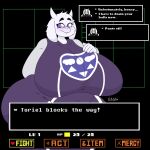  &lt;3 anthro big_breasts boss_monster bovid breasts caprine clothing ellipsis english_text exclamation_point female floppy_ears gameplay_mechanics goat hi_res horn huge_breasts huge_hips mammal purple_eyes robe smile solo sprigatitoartz text text_box toriel undertale undertale_(series) wide_hips 