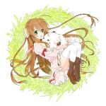  1girl :d ahoge animal animal_hug blush_stickers boots braid brown_footwear brown_hair chibi-moth commentary_request dress floating_hair flower frilled_dress frills from_side grass green_eyes hair_between_eyes hair_flower hair_ornament juliet_sleeves kanbe_kotori kazamatsuri_institute_high_school_uniform knees_up legs_together light_blush long_hair long_sleeves looking_at_viewer noonoo open_mouth pink_dress pink_flower puffy_sleeves rewrite school_uniform short_dress simple_background smile solo thighhighs thighs twin_braids very_long_hair waving white_background white_thighhighs wide_sleeves wreath zettai_ryouiki 