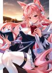  1girl absurdres animal_ears arknights book braid breasts chen_ying_(alan-yut) cleavage cup highres long_hair mug open_book pink_eyes pink_hair pom_pom_(clothes) pozyomka_(arknights) pozyomka_(snowy_plains_in_words)_(arknights) smile tail twilight wolf_ears wolf_tail 