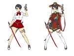  2girls alternate_costume black_eyes black_hair commentary facebook gun handgun hat highres magical_girl multiple_girls original reference_sheet shoes standing sword thighhighs ultracat vietnamese_clothes vietnamese_dress weapon white_thighhighs 