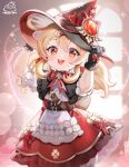  1girl :d absurdres alice_vu apron artist_name belt black_gloves blush bow bowtie brown_belt cowboy_shot dress gem genshin_impact gloves hair_between_eyes hands_on_headwear hat hat_bow highres klee_(genshin_impact) long_hair looking_at_viewer pointy_ears puffy_short_sleeves puffy_sleeves red_bow red_bowtie red_dress red_eyes short_sleeves smile solo sparkle teeth twintails upper_teeth_only waist_apron watermark white_apron 