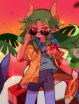  1boy adjusting_eyewear blue_shirt flower flower_necklace gradient_sky green_hair hibiscus highres horns lei long_hair looking_at_viewer male_focus official_alternate_costume open_mouth orange_sky outdoors palm_tree pointy_ears puyo_(puyopuyo) puyopuyo puyopuyo_quest red_eyes satan_(puyopuyo) shirt short_sleeves sky smile solo sparkle sun_print sunglasses sunset tree urashima_(enediktb) wings 