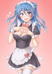  1girl alternate_costume anti_(untea9) apron black_dress blue_eyes blue_hair blush breasts cowboy_shot double_bun dress enmaided frilled_apron frills gradient_background hair_between_eyes hair_bun heart highres kantai_collection large_breasts long_hair looking_at_viewer maid maid_apron maid_headdress open_mouth pink_background solo thighhighs twitter_username urakaze_(kancolle) waist_apron white_apron white_thighhighs 