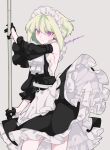  1boy alternate_costume apron armpits ascot belt black_dress black_gloves blonde_hair crossdressing detached_sleeves dress earrings gloves grey_background half_gloves holding holding_pole jewelry lio_fotia maid maid_apron maid_headdress male_focus otoko_no_ko pole promare puffy_detached_sleeves puffy_sleeves purple_eyes short_hair simple_background solo standing triangle_earrings white_ascot white_belt wind yon_prmr 