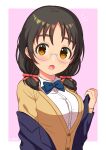  1girl asano_fuka black_hair blue_bow blue_bowtie blue_jacket blush bow bowtie breasts brown_cardigan brown_eyes cardigan dot_nose glasses hair_bow hair_ribbon highres idolmaster idolmaster_cinderella_girls idolmaster_cinderella_girls_starlight_stage jacket large_breasts long_sleeves looking_at_viewer low_twintails off_shoulder open_mouth pink_background red_ribbon ribbon shirt short_hair simple_background solo twintails wgm_oekaki white_shirt 